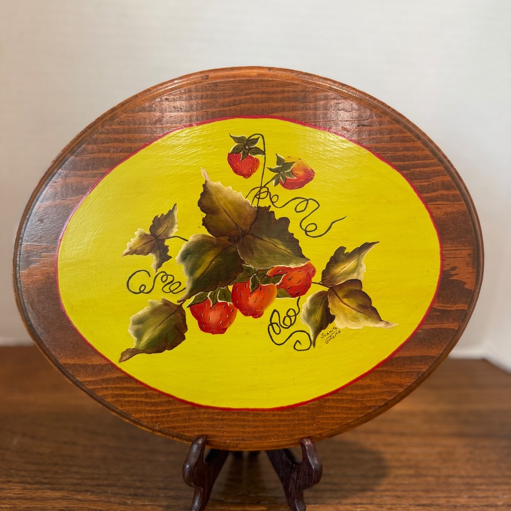Hand Painted Strawberry Wood Wall Plaque Signed Folk Art Country Decor 11x9